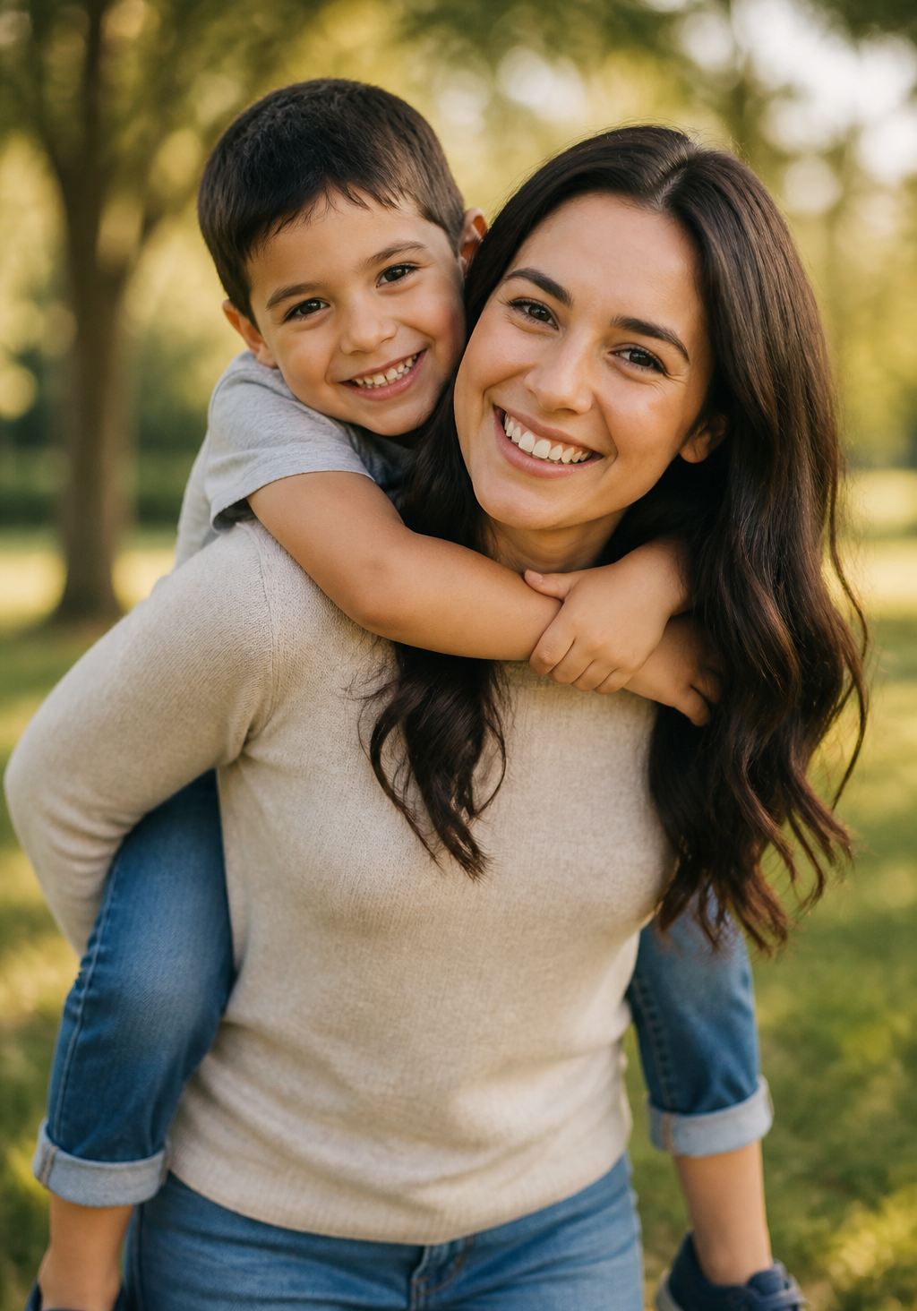 Mother giving her smiling young son a piggyback ride