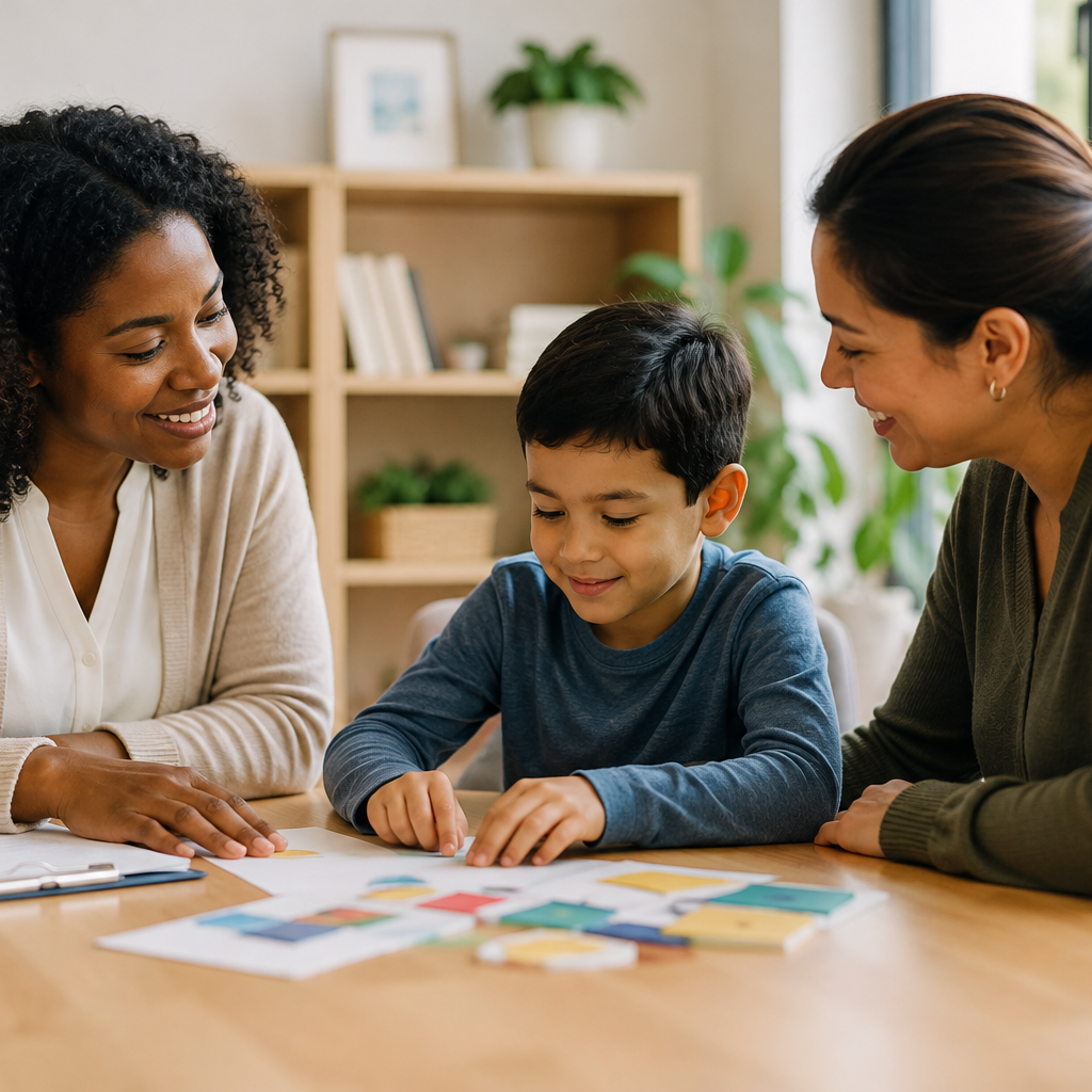 Registered psychologist meeting with a parent and child during a neurodevelopmental and learning assessment consultation in Oakville.