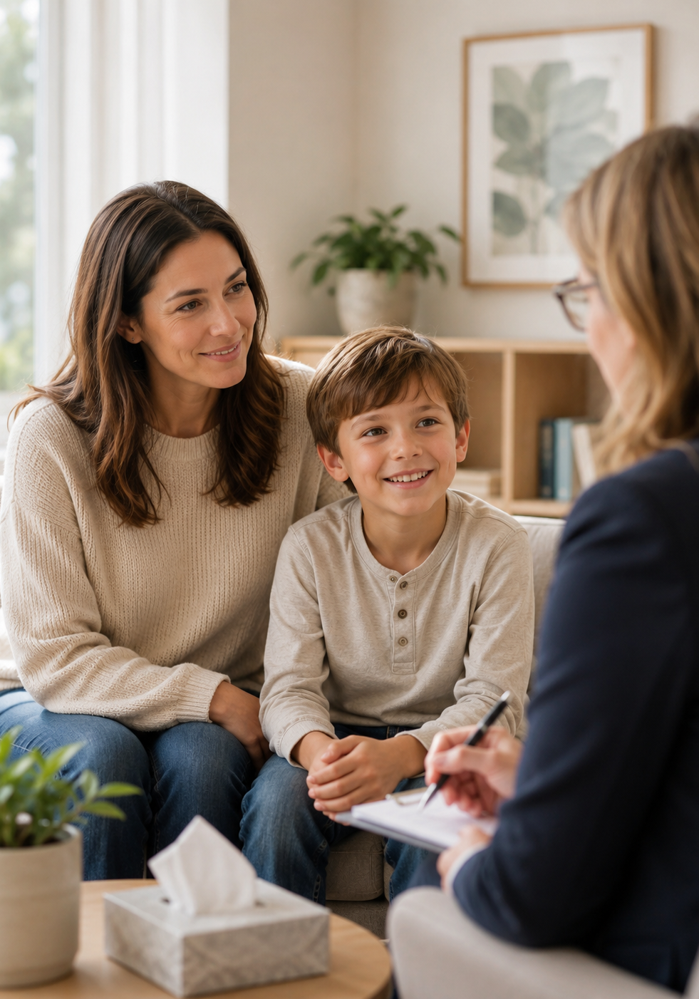 Parent and young child meeting with a registered psychologist at Chisholm Centre in Oakville.